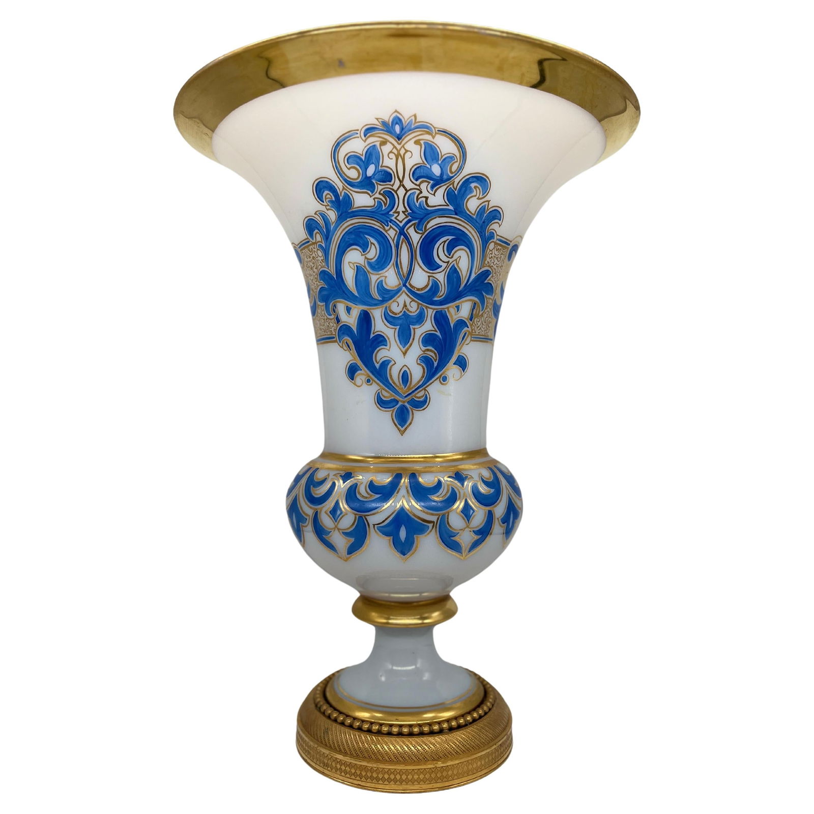 Baccarat Large Gilt Opaline Bronze Vase C. 1885 France: Baccarat Large Gilt Opaline Bronze Vase C. 1885 France This exquisite large Baccarat vase features a captivating white opaline finish, showcasing the exceptional artistry of the renowned French glassm