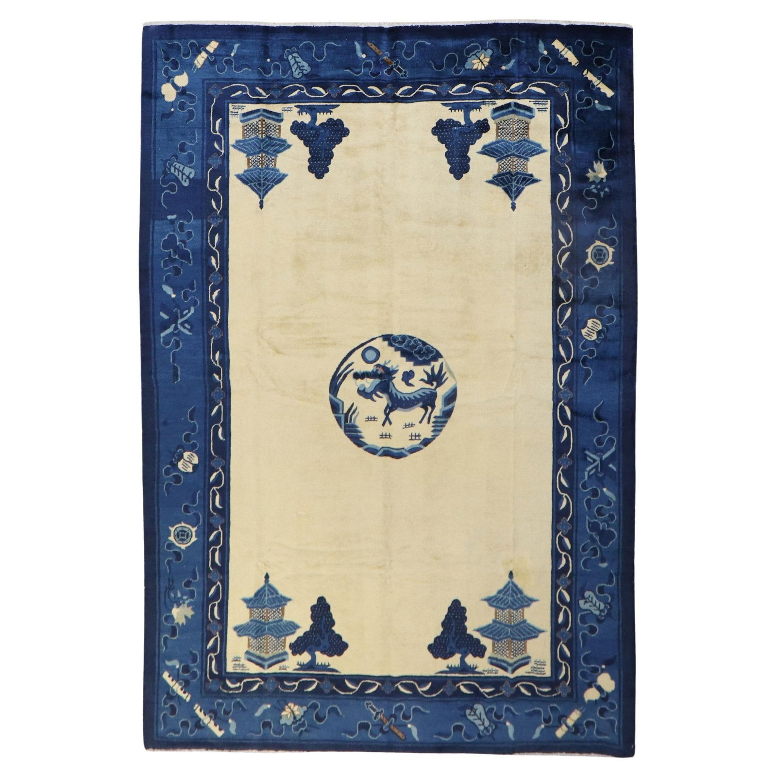 Hand-Woven Chinese Wool Rug with Blue Dragon Motif 74 x 104 Inch (1 of 12)