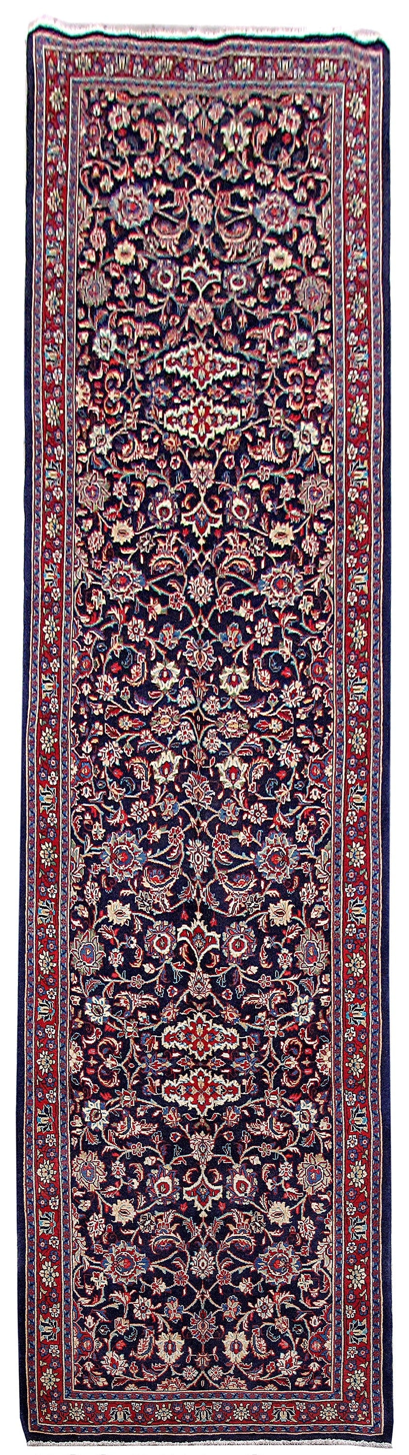 Handcrafted 4' x 14'11" Persian Sarouk Runner Rug in Wine Purple: Handcrafted 4' x 14'11" Persian Sarouk Runner Rug in Wine Purple Free continental US Shipping Enhance your space with this exquisite handcrafted Navy Blue Persian Sarouk Runner Rug. Measuring 4' x 14'