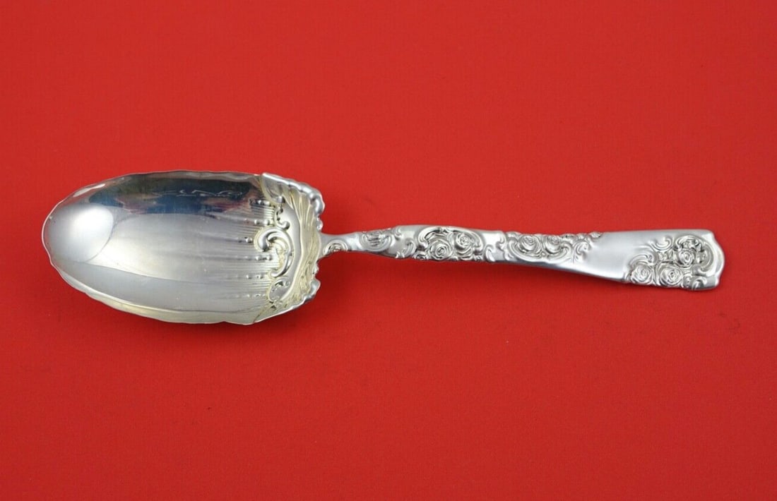 Whiting Rose and Scroll Sterling Silver Berry Spoon 9 Inch Fluted Bowl (1 of 2)