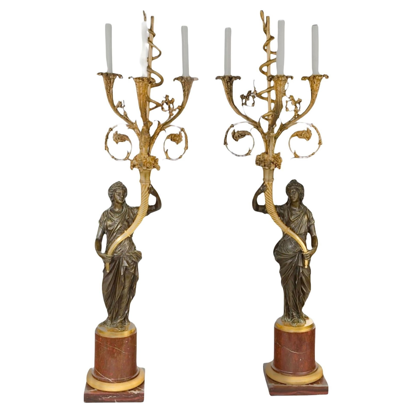 Set of Two French Louis XVI Bronze and Marble Candelabra Lamps: Set of Two French Louis XVI Bronze and Marble Candelabra Lamps This is a pair of early 19th-century French Louis XVI style ormolu and patinated bronze and marble candelabra lamps. Each features sculpt