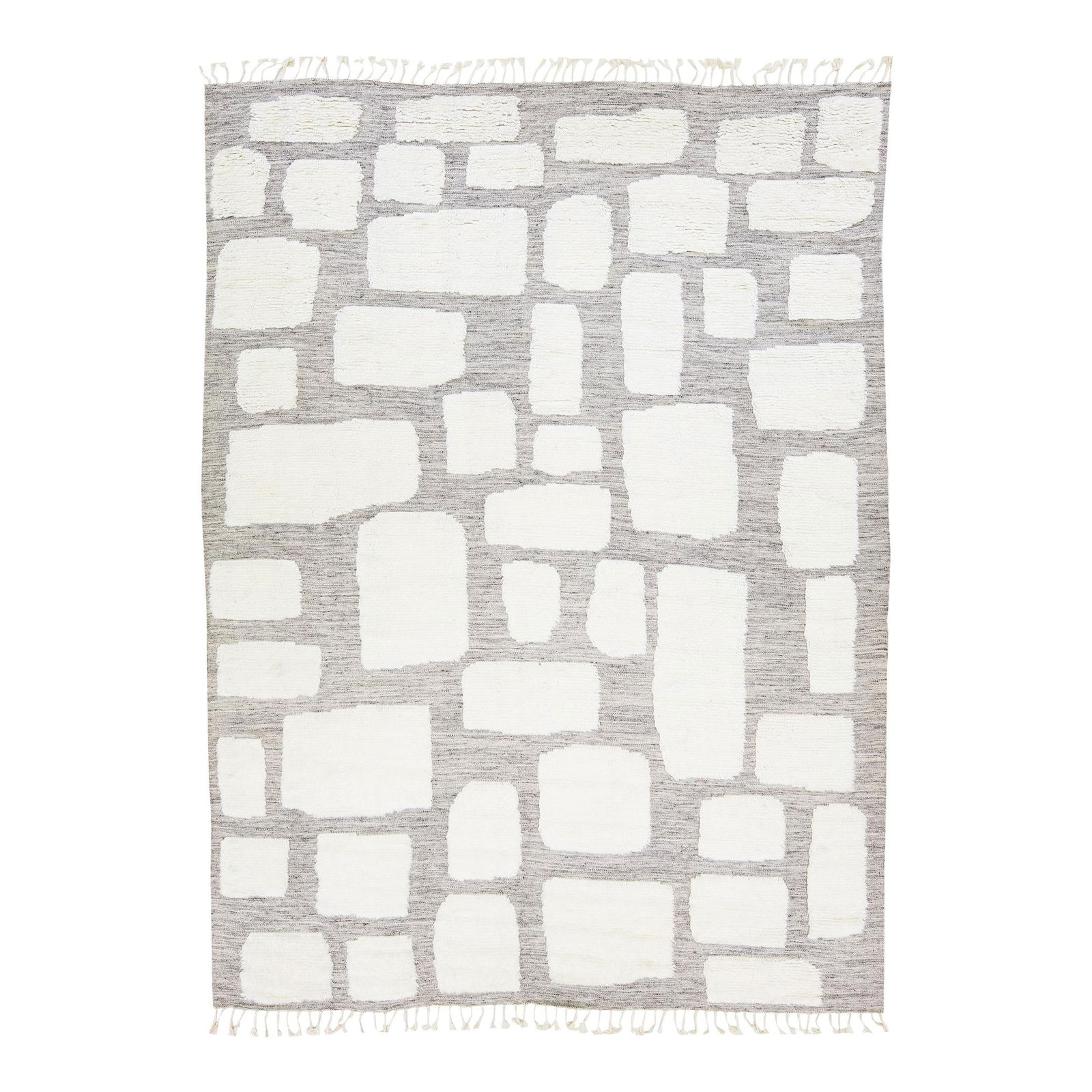 Modern Moroccan Hand-Knotted Wool Rug 9'10 x 13'6: Modern Moroccan Hand-Knotted Wool Rug 9'10 x 13'6 Elevate your space with this stunning modern Moroccan style hand-knotted wool rug. Featuring a light gray field adorned with elegant ivory accents, th