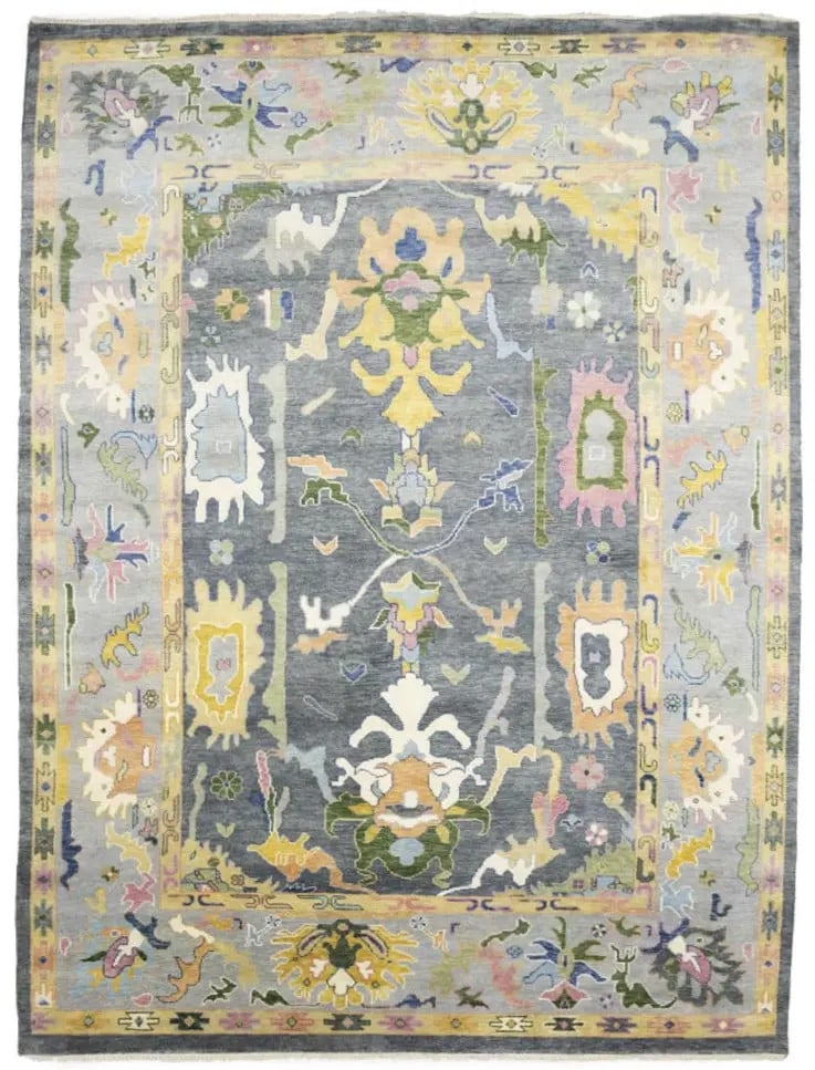 Gray Silver Hand-Knotted Wool Area Rug Floral Oushak Chobi 9'9 x 13'8: Gray Silver Hand-Knotted Wool Area Rug Floral Oushak Chobi 9'9 x 13'8 This hand-knotted floral Oushak Chobi Oriental rug features a modern design with a gray silver color palette. Crafted from wool, i