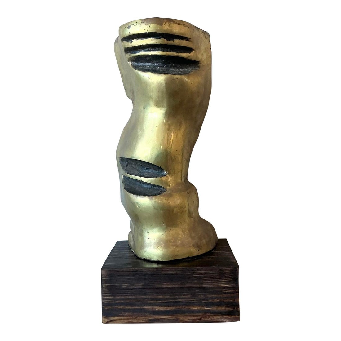 Polished Bronze Abstract Sculpture with Boho Design on Wood Base: Polished Bronze Abstract Sculpture with Boho Design on Wood Base This vintage Boho abstract sculpture is crafted from polished bronze and features organic, fluid lines that evoke modern artistry and n