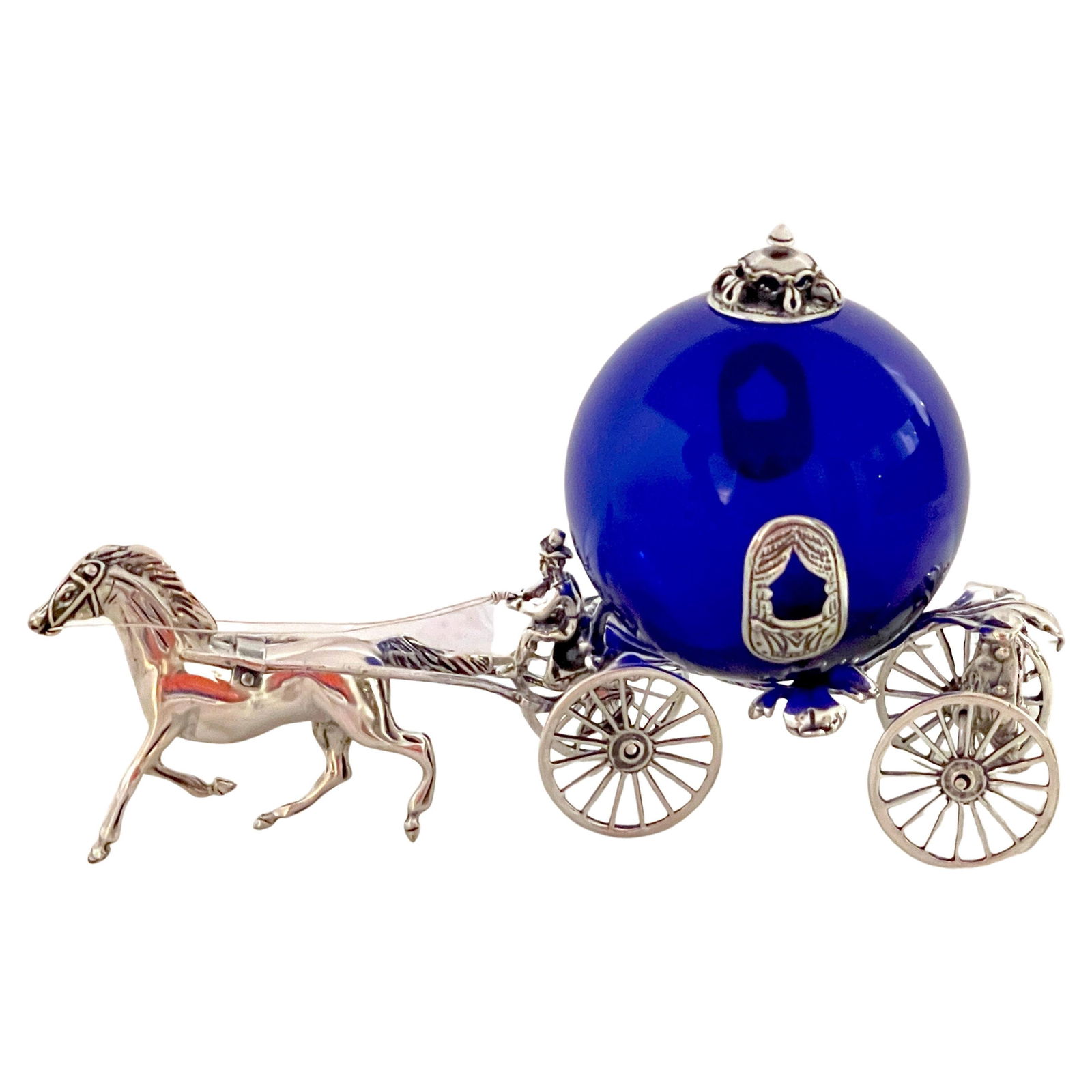 Italian Neoclassical Sterling Silver Cobalt Murano Glass Horse & Carriage Model: Italian Neoclassical Sterling Silver Cobalt Murano Glass Horse & Carriage Model Presenting an exquisite Italian Sterling and Cobalt Murano Glass Fantasy Model of a Horse & Carriage, crafted in the lat