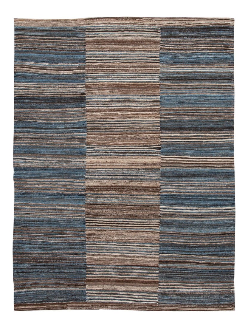 Modern Kilim Handmade Wool Rug Brown Blue Geometric 9'2 x 12'03: Modern Kilim Handmade Wool Rug Brown Blue Geometric 9'2 x 12'03 Enhance your space with this stunning Modern Kilim Flat-Weave Handmade Wool Rug. Featuring a rich brown field accented with blue and bei