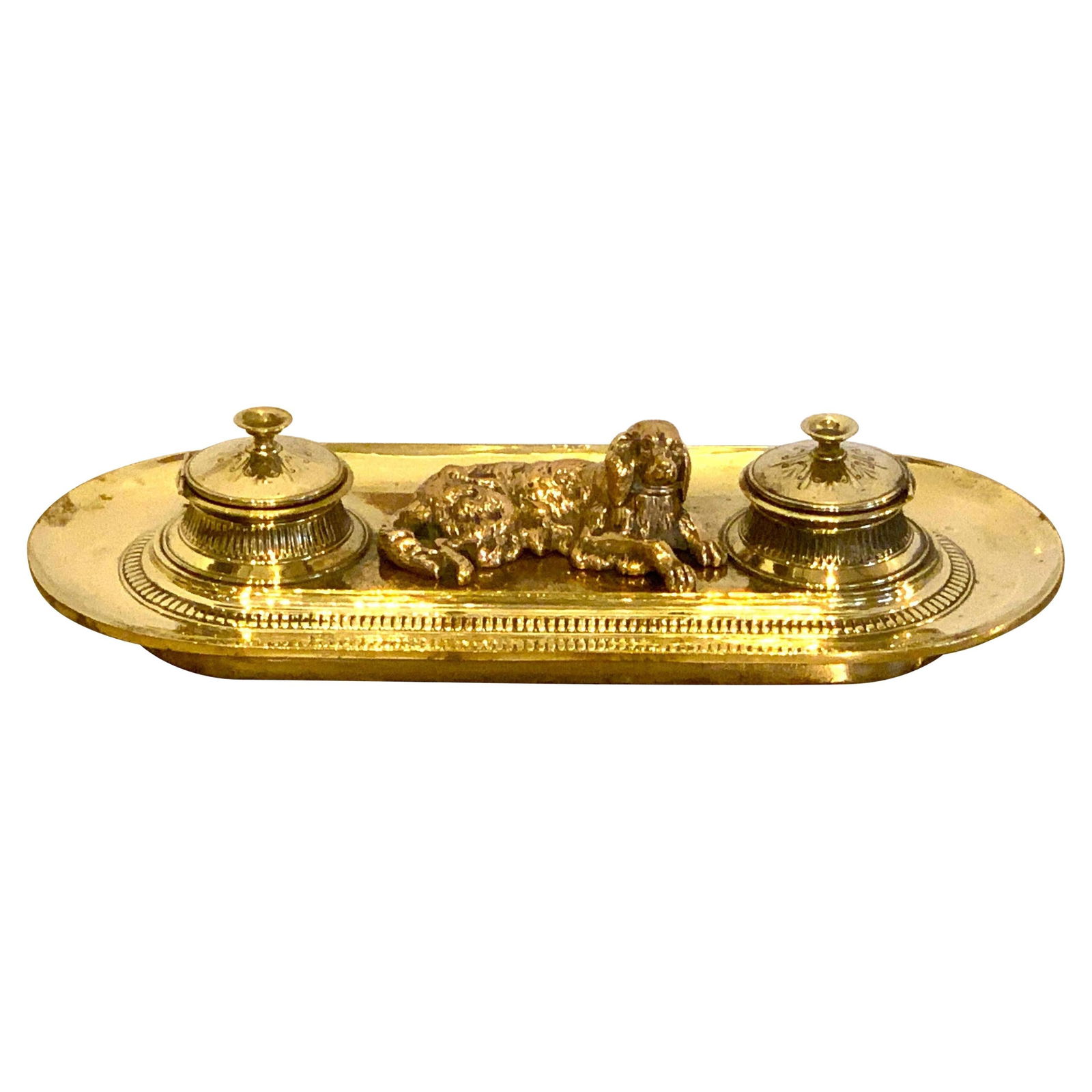 High Victorian 19th Century English Brass Dog Double Inkwell (1 of 7)
