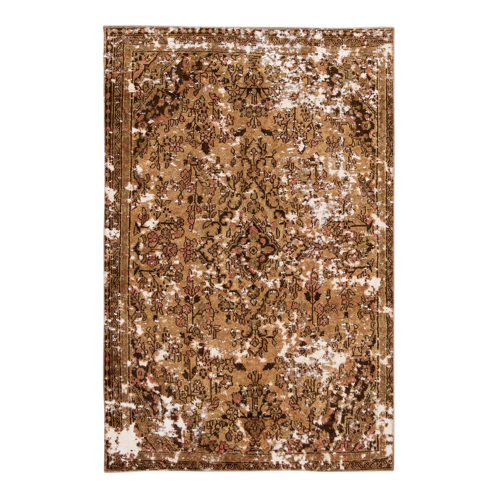 Vintage Turkish Hand-Knotted Tan Wool Rug 4'10 x 7'8 Shabby Chic Design: Vintage Turkish Hand-Knotted Tan Wool Rug 4'10 x 7'8 Shabby Chic Design Discover the charm of this beautiful vintage Distressed Turkish hand-knotted wool rug featuring a warm tan field. Adorned with a
