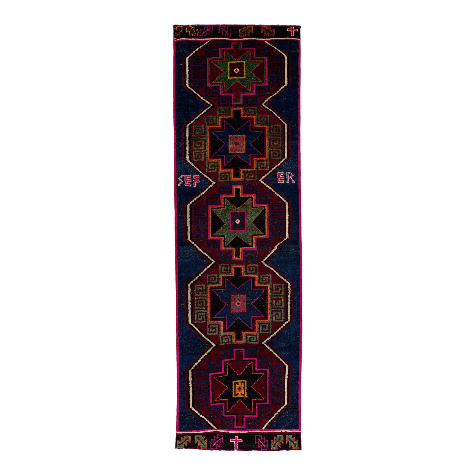 Vintage Turkish Blue Wool Runner Rug Tribal Design 3'10 x 12'8: Vintage Turkish Blue Wool Runner Rug Tribal Design 3'10 x 12'8 This stunning vintage Turkish hand-knotted wool runner features a captivating blue field adorned with a pink border and vibrant multicolo