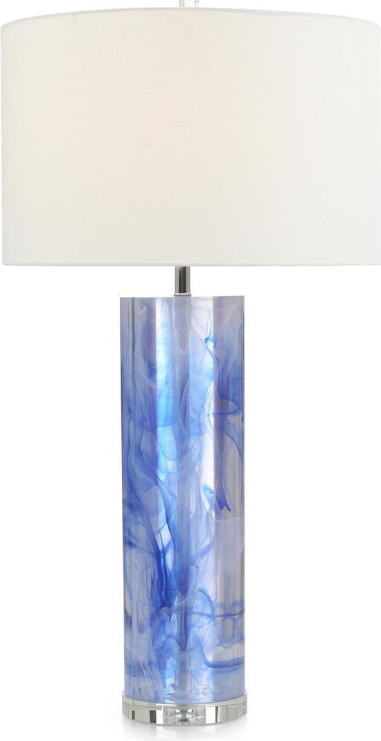 John-Richard 34 Inch Blue Cylinder Table Lamp with White Shade: John-Richard 34 Inch Blue Cylinder Table Lamp with White Shade Illuminate your space with this sophisticated blue cylinder lamp by John-Richard. Standing at 34 inches tall, this elegant table lamp fea