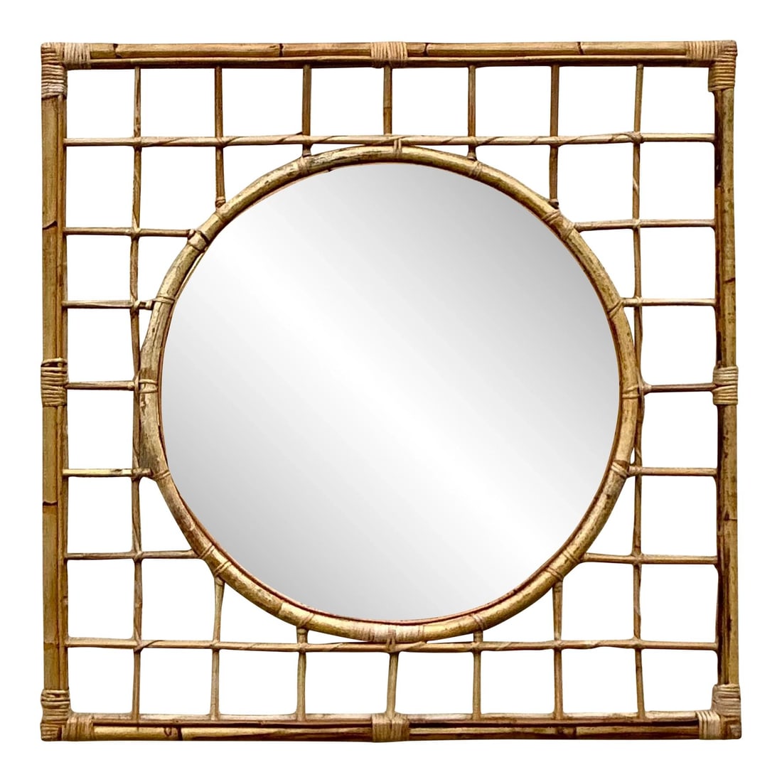 Vintage Coastal Rattan Mirror 42x42 Geometric Design: Vintage Coastal Rattan Mirror 42x42 Geometric Design Enhance your space with this exquisite Vintage Coastal Grid Rattan Mirror, featuring a stunning geometric open-frame design that effortlessly combi