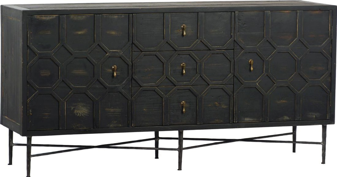 Harten Black Sideboard with Iron Base French Style: Harten Black Sideboard with Iron Base French Style Introducing the Elegant Harten Sideboard, a beautifully designed piece that combines antique charm with modern functionality. Crafted in a vintage st