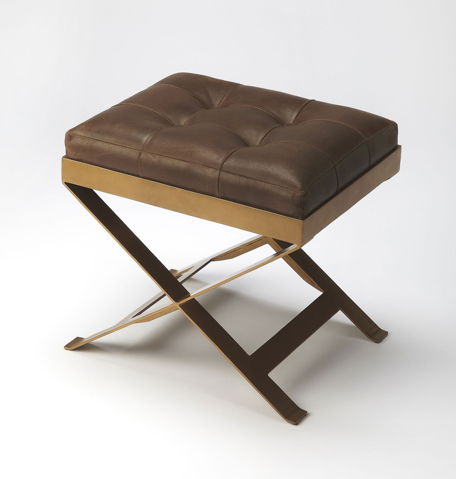 Butler Modern Caramel Leather Campaign Stool Rectangular Brown Brass Iron (1 of 3)
