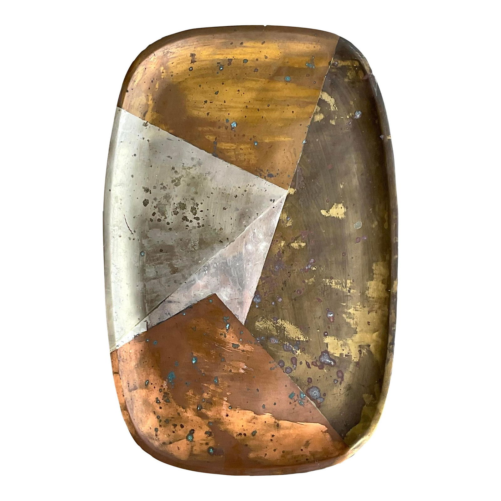 Vintage Boho Multi Metal Serving Tray Copper 17.75 x 11.75: Vintage Boho Multi Metal Serving Tray Copper 17.75 x 11.75 Introducing a stunning vintage Boho multi-metal serving tray, showcasing a chic design and remarkable patina that reflects its history. This