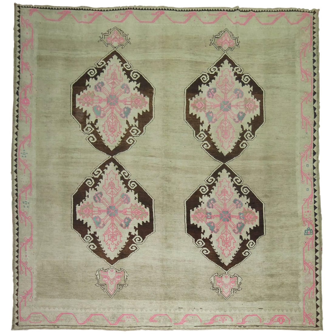 Vintage Turkish Kars Rug 111 x 120 Hand-Knotted Wool Early Victorian: Vintage Turkish Kars Rug 111 x 120 Hand-Knotted Wool Early Victorian Discover the charm of the Zabihi Collection's Square Vintage Turkish Kars Rug, an exquisite piece that brings a touch of history to