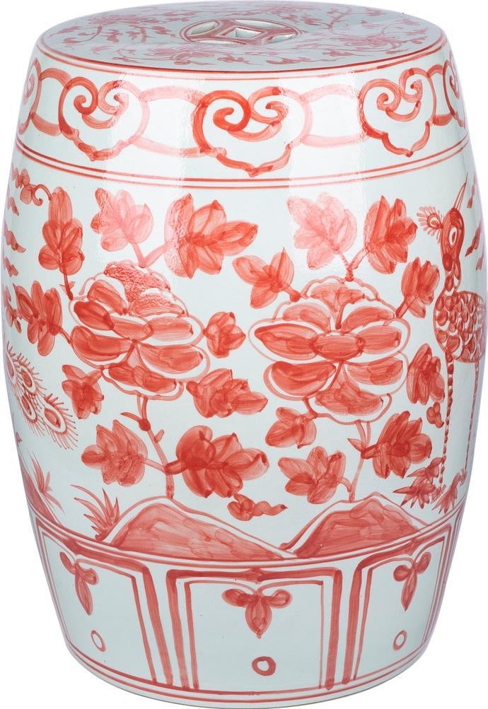 Coral Red Bird Ceramic Garden Stool Chinoiserie Accent Piece (1 of 3)