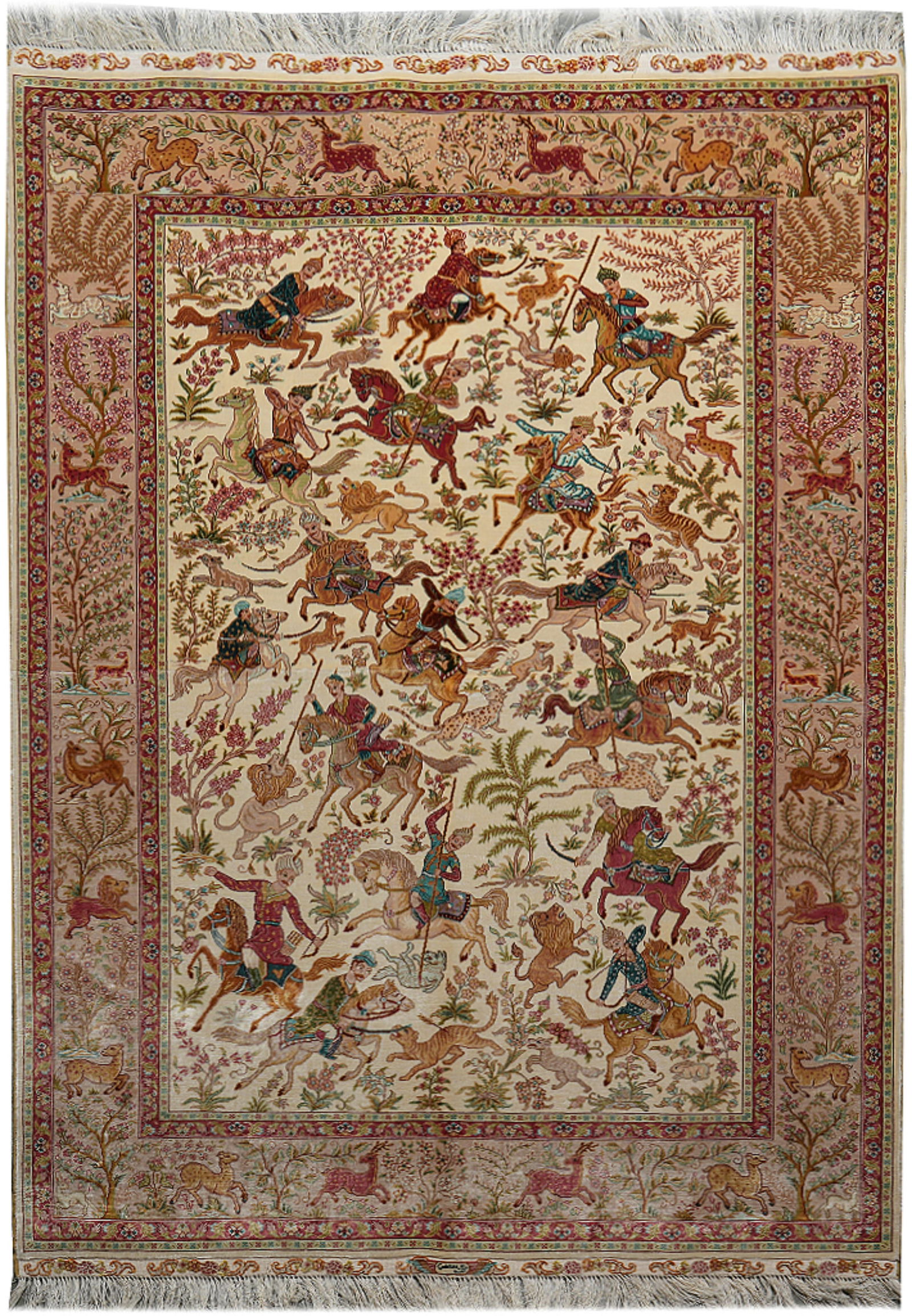 4 x 6 Hand-Knotted Silk Rug with Hunting Scene Design: 4 x 6 Hand-Knotted Silk Rug with Hunting Scene Design Free continental US Shipping This 4 x 6 hand-knotted silk rug features a traditional hunting scene, skillfully crafted by artisans using premium