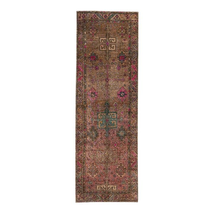 Vintage Hand-Knotted Wool Runner Brown Pink Geometric 3'8 x 11'1: Vintage Hand-Knotted Wool Runner Brown Pink Geometric 3'8 x 11'1 Enhance your home decor with this beautiful vintage hand-knotted wool runner, featuring a stunning brown and pink field adorned with te