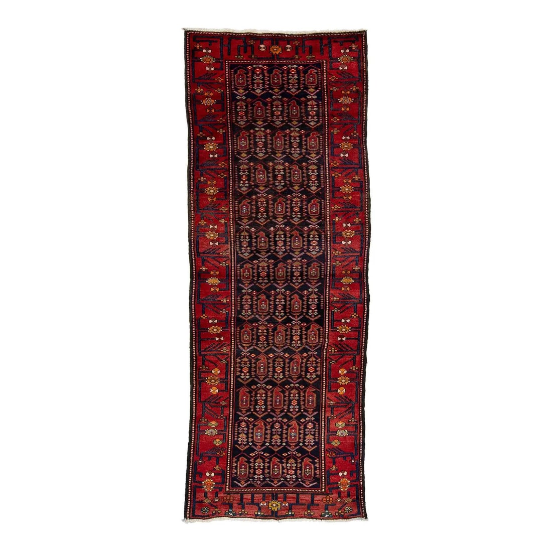 Dark Blue Vintage Malayer Persian Wool Runner 3'6 x 9'6: Dark Blue Vintage Malayer Persian Wool Runner 3'6 x 9'6 Enhance your home decor with this exquisite Dark Blue Handmade Vintage Malayer Persian Wool Runner. This rug showcases the rich heritage of Pers