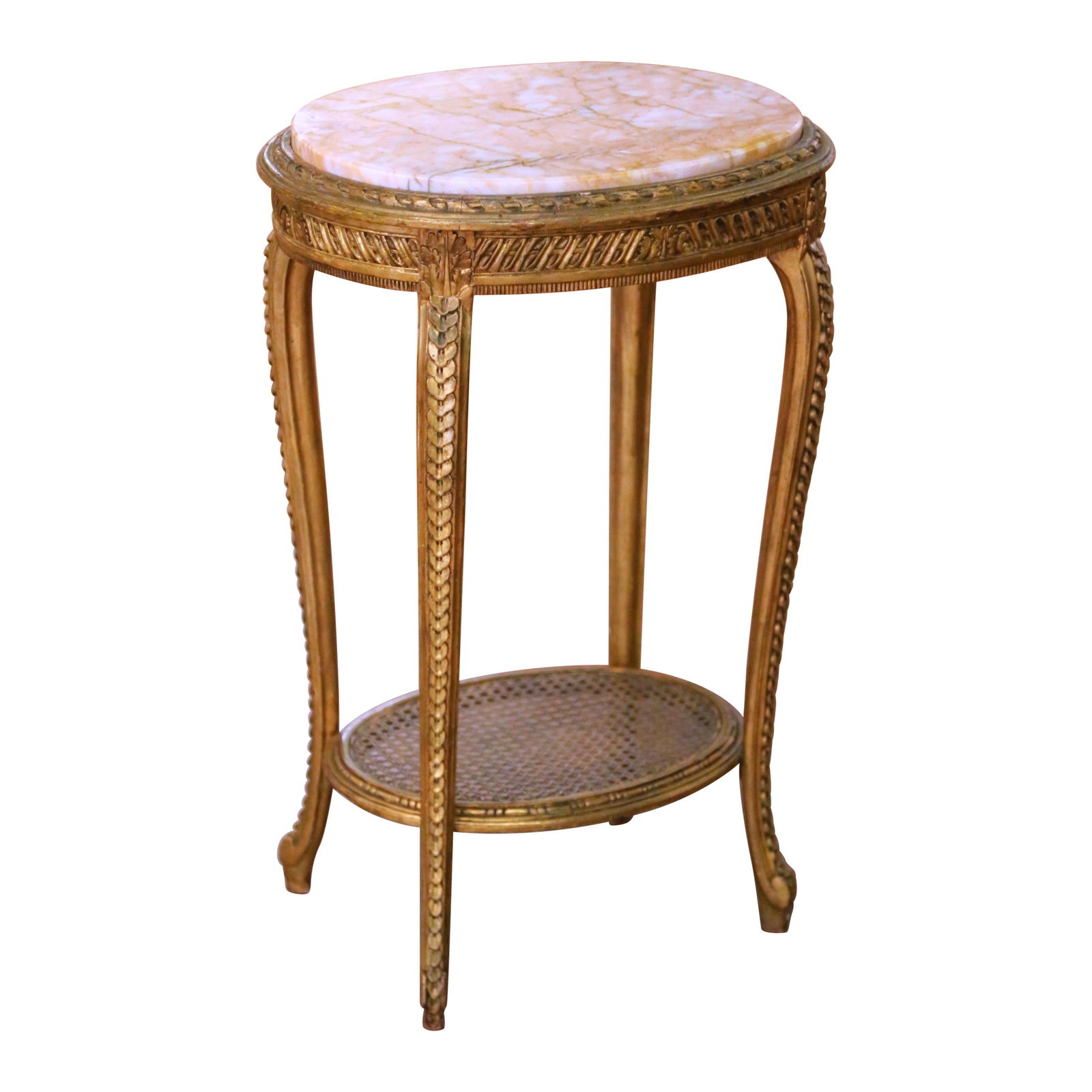 French Louis XV Style Giltwood Gueridon Table With Marble Top And Cane Shelf circa 1870 (1 of 8)