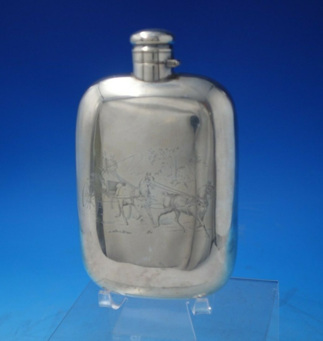 Wallace Sterling Silver Flask Horse Carriage Engraving 5.7 ozt: Wallace Sterling Silver Flask Horse Carriage Engraving 5.7 ozt This exquisite Wallace Sterling Silver Flask showcases a classic design with a hand-engraved depiction of a horse-drawn carriage on the f
