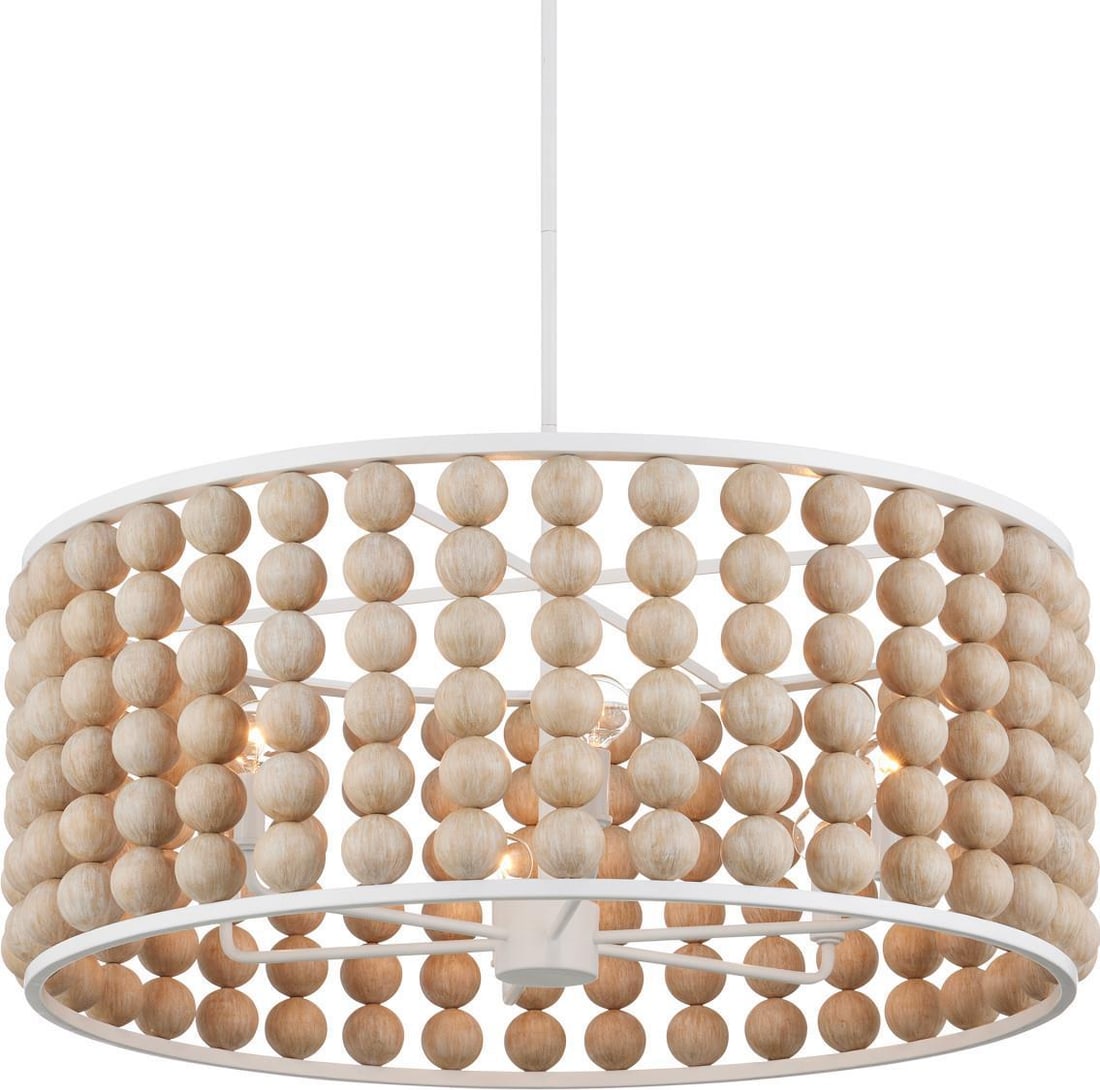 Currey Holcroft Chandelier Elegant Wood Beads Wrought Iron 6 Bulb (1 of 8)