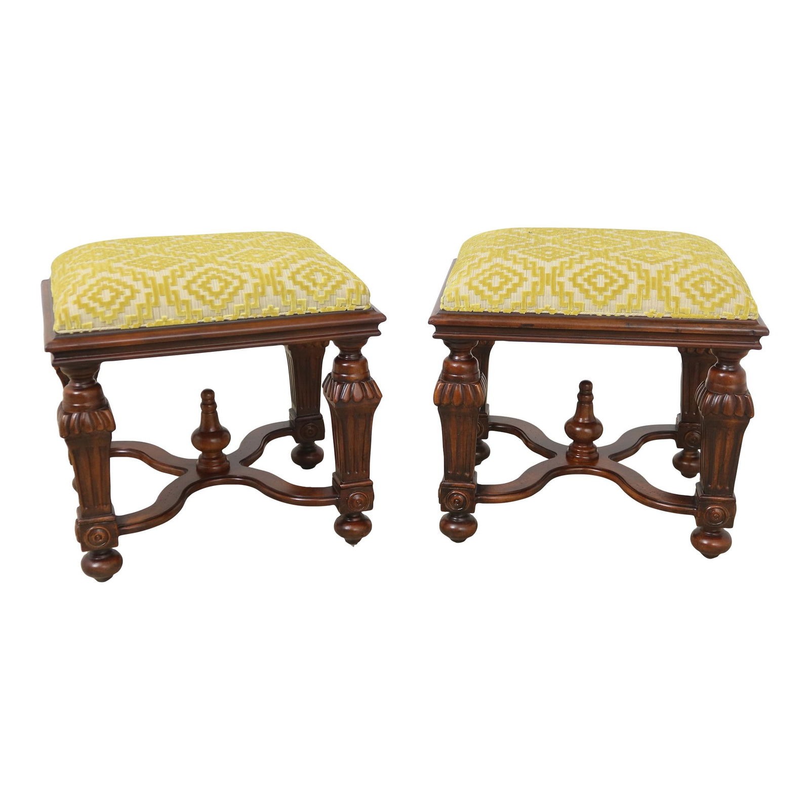 Stylish Pair of Brown Upholstered Modern Print Stools: Stylish Pair of Brown Upholstered Modern Print Stools This pair of modern print upholstered continental stools boasts a high-quality, dimensional upholstery that reflects their 20 years of care and cr