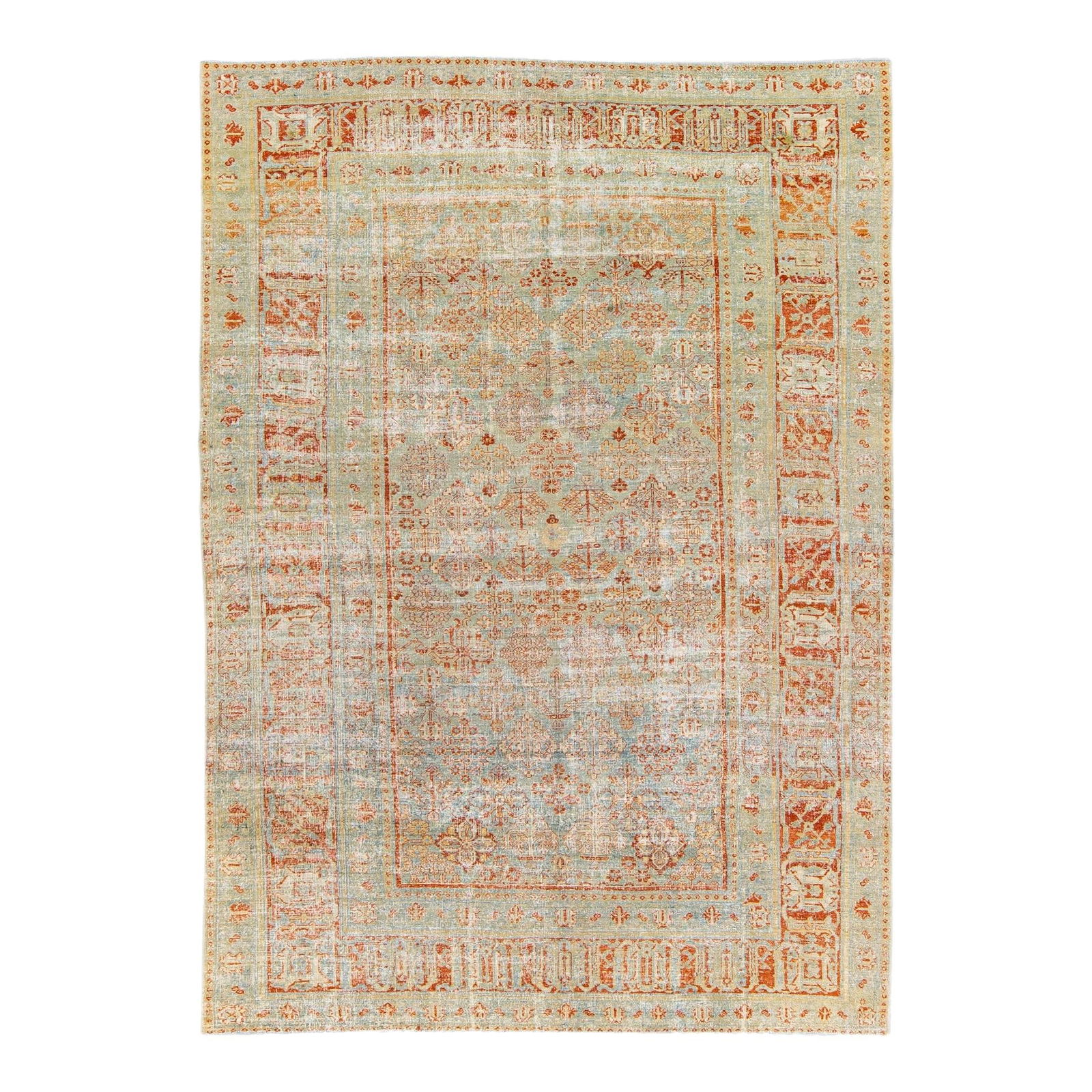 Antique Tabriz Handmade Wool Rug Blue Rust Floral Pattern 7'10 x 11'3: Antique Tabriz Handmade Wool Rug Blue Rust Floral Pattern 7'10 x 11'3 This stunning antique Tabriz rug features a beautiful hand-knotted construction, showcasing a rich blue field adorned with a rust-