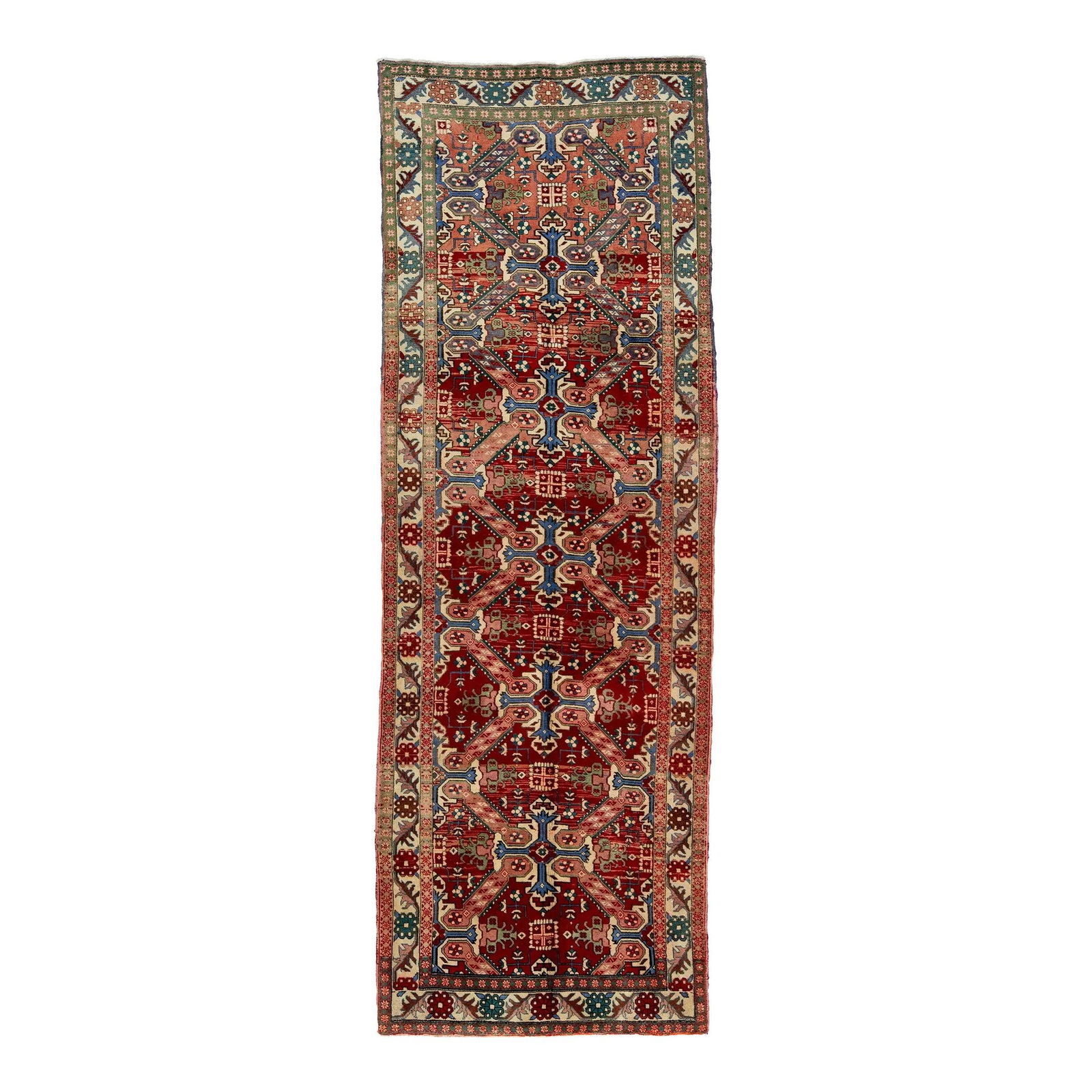 Vintage Heriz Hand-Knotted Wool Rug Red Geometric Design 3'5" x 10': Vintage Heriz Hand-Knotted Wool Rug Red Geometric Design 3'5" x 10' Discover the elegance of this vintage Heriz hand-knotted wool rug, featuring a rich red field beautifully complemented by an array o