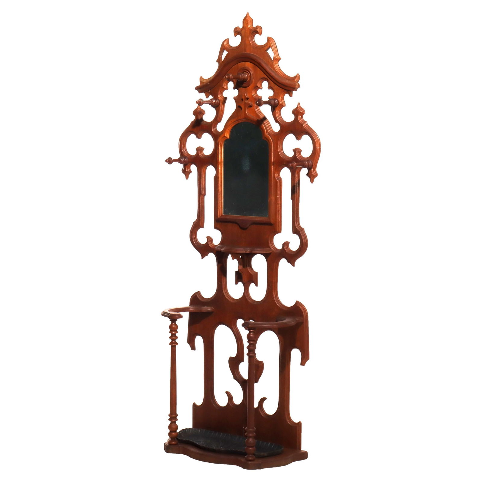 Victorian Gothic Walnut Hall Tree with Mirror and Umbrella Stand c1890 (1 of 12)