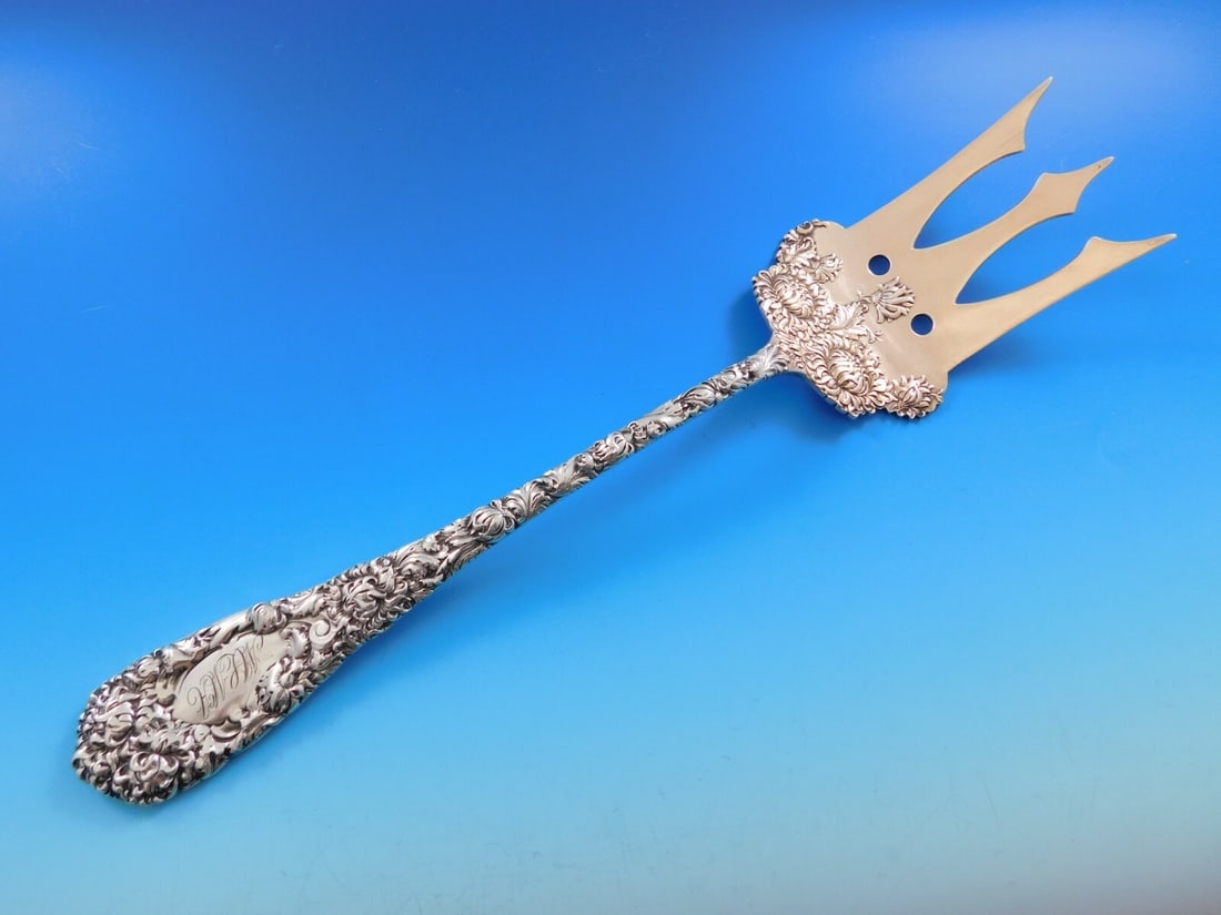 Durgin Chrysanthemum Sterling Silver Salad Serving Fork Gold Washed 11 3/4" (1 of 10)