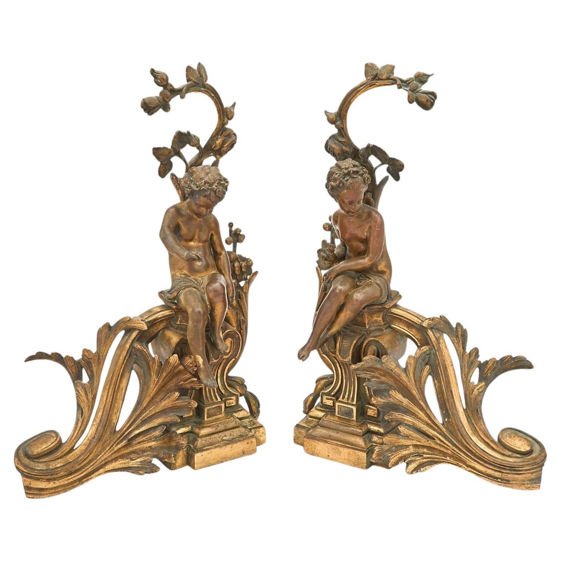 Pair of French Gilt Bronze Andirons with Cherub Motif Louis XV XVI Style (1 of 6)
