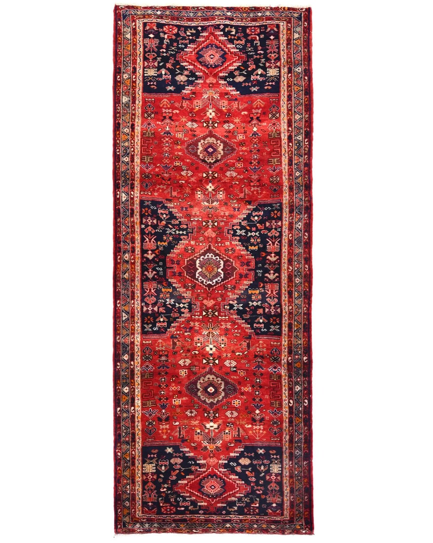 Vintage Hand-Knotted Wool Tribal Floral Runner 3'10 x 10'1 Red (1 of 12)