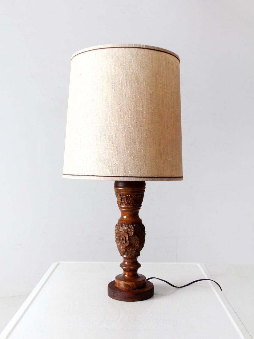 Vintage Floral Carved Table Lamp with Wooden Base and Linen Shade (1 of 11)