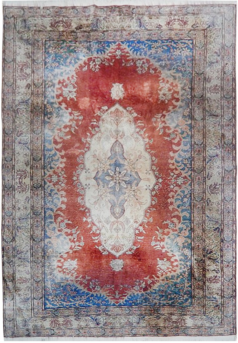 4.9 x 7 Antique Persian Silk Rug Handmade in Iran: 4.9 x 7 Antique Persian Silk Rug Handmade in Iran Free continental US Shipping Introducing a stunning Antique Persian Estate Silk Rug that measures 4' 9" x 7' (57 in x 84 in). This exquisite piece is