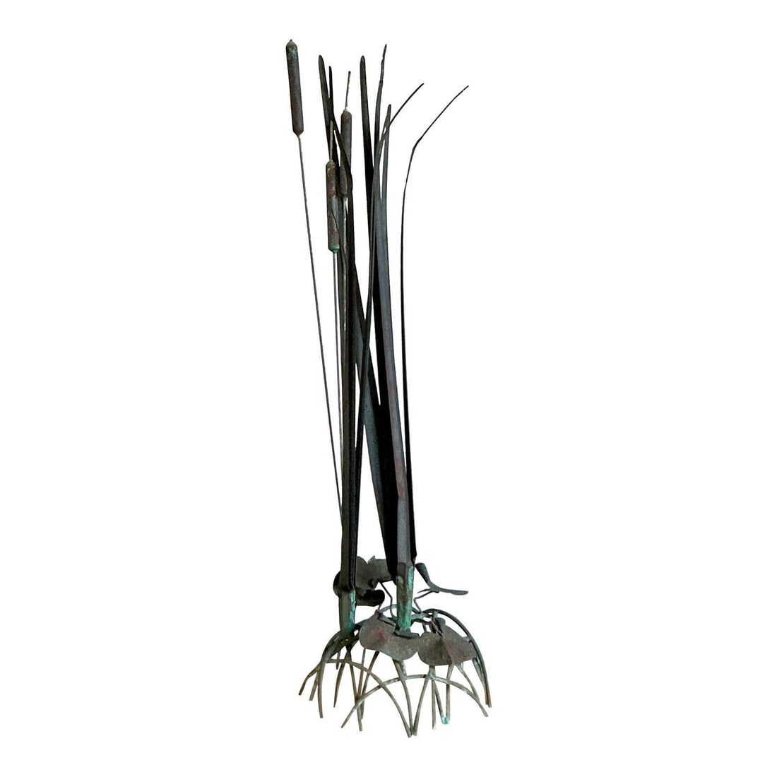 Patinated Bronze Mixed Metal Cattail Sculpture with Verdigris Accents (1 of 6)