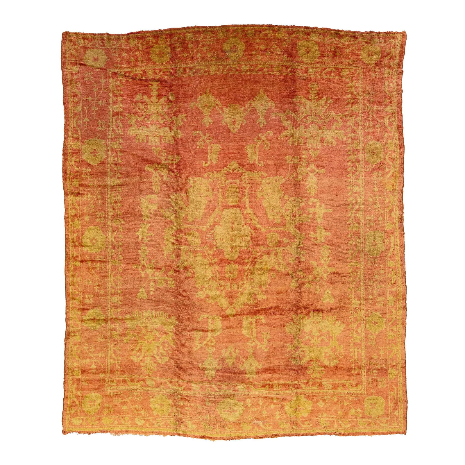 1910s Antique Oushak Turkish Wool Rug Terracotta Floral Design 10'10 x 13' (1 of 8)