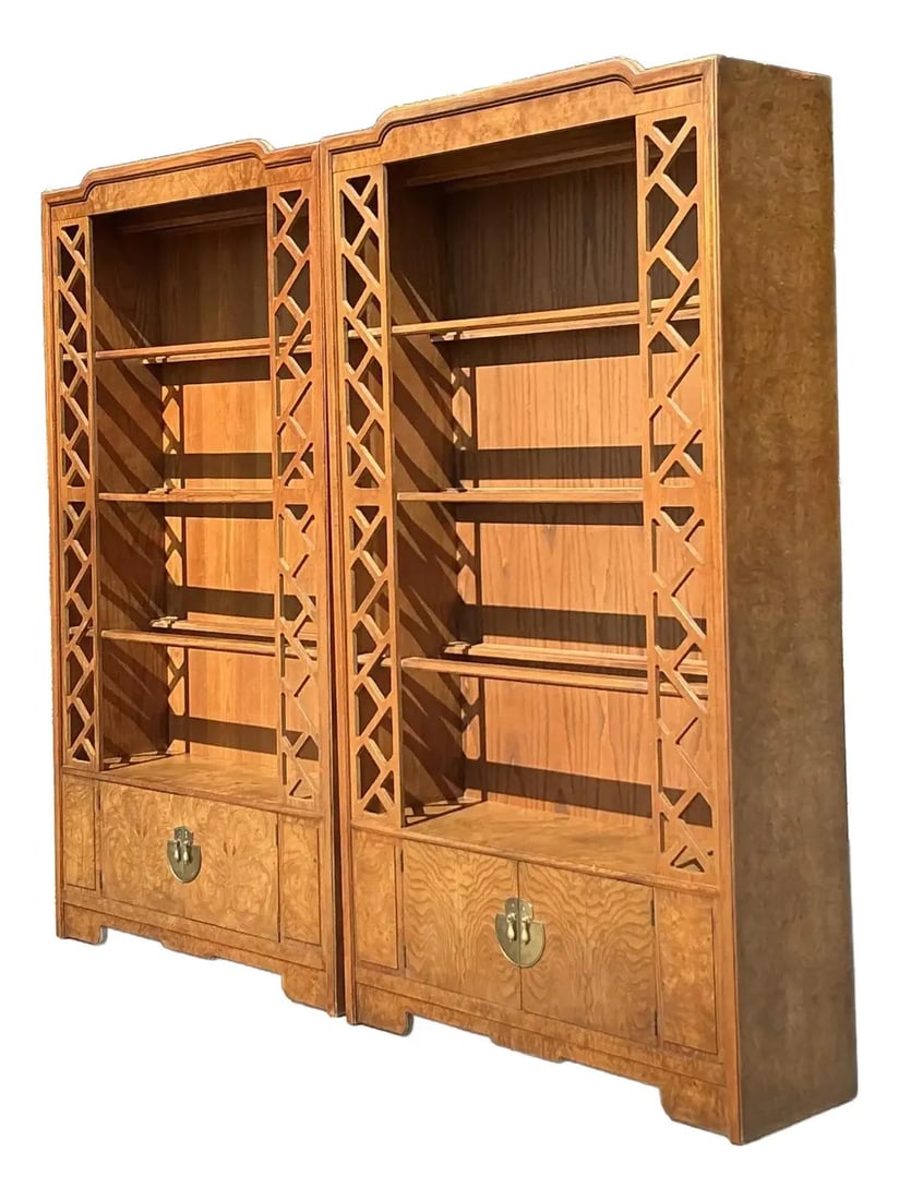 Pair of Vintage Burl Fretwork Etageres with Brass Accents by Thomasville: Pair of Vintage Burl Fretwork Etageres with Brass Accents by Thomasville Enhance your space with this exquisite pair of vintage boho burl fretwork etageres. These stunning pieces feature intricate lat