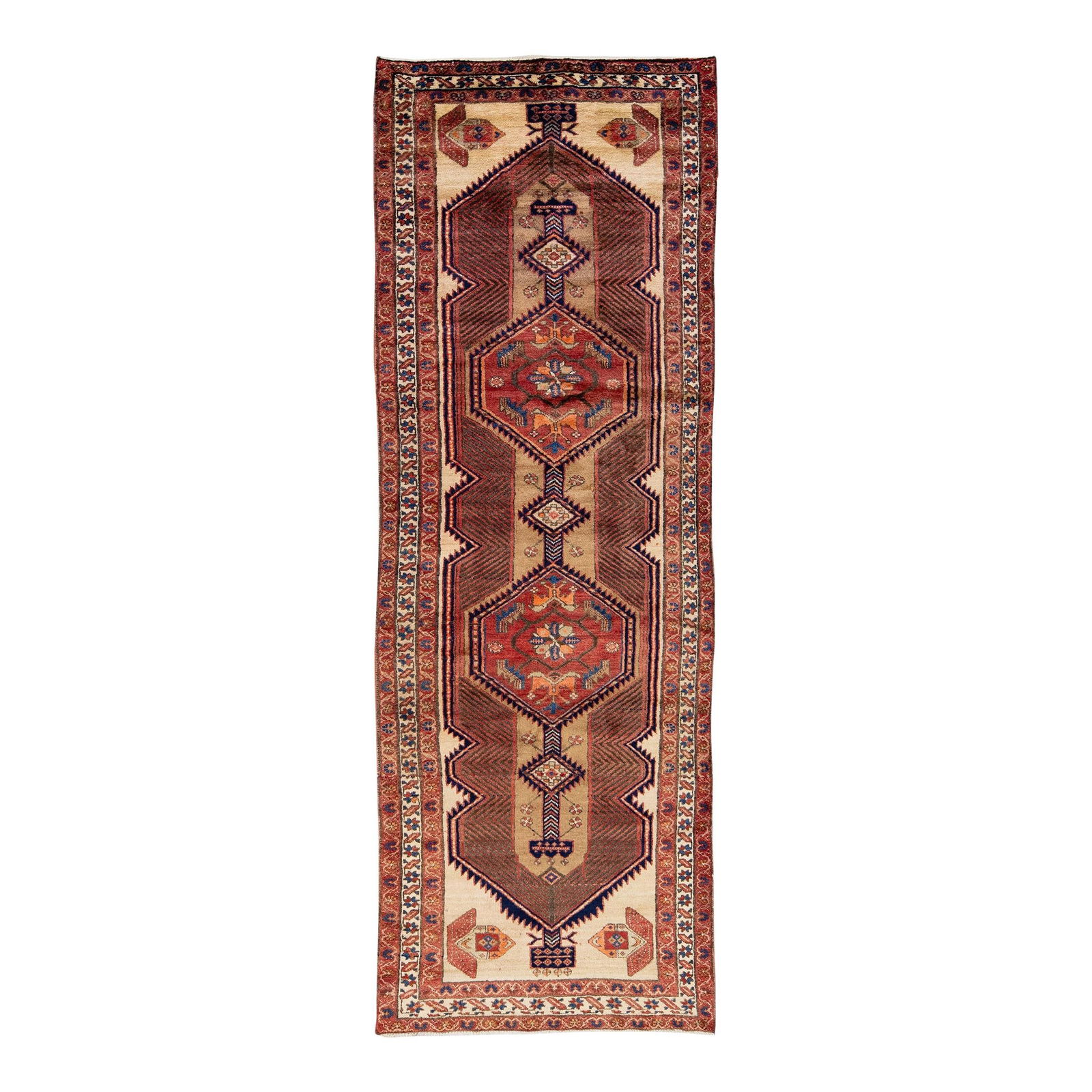 Vintage Persian Hamadan Beige Wool Runner 3'4" x 10' Geometric Design: Vintage Persian Hamadan Beige Wool Runner 3'4" x 10' Geometric Design Discover the charm of this vintage Persian Hamadan wool runner, expertly hand-knotted and showcasing a stunning beige field. The r