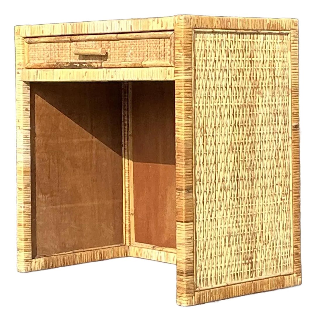 Vintage Coastal Woven Rattan Writing Desk with Bamboo Detailing: Vintage Coastal Woven Rattan Writing Desk with Bamboo Detailing Experience the allure of coastal elegance with this vintage woven rattan writing desk. Handcrafted with an intricate rattan weave and fr