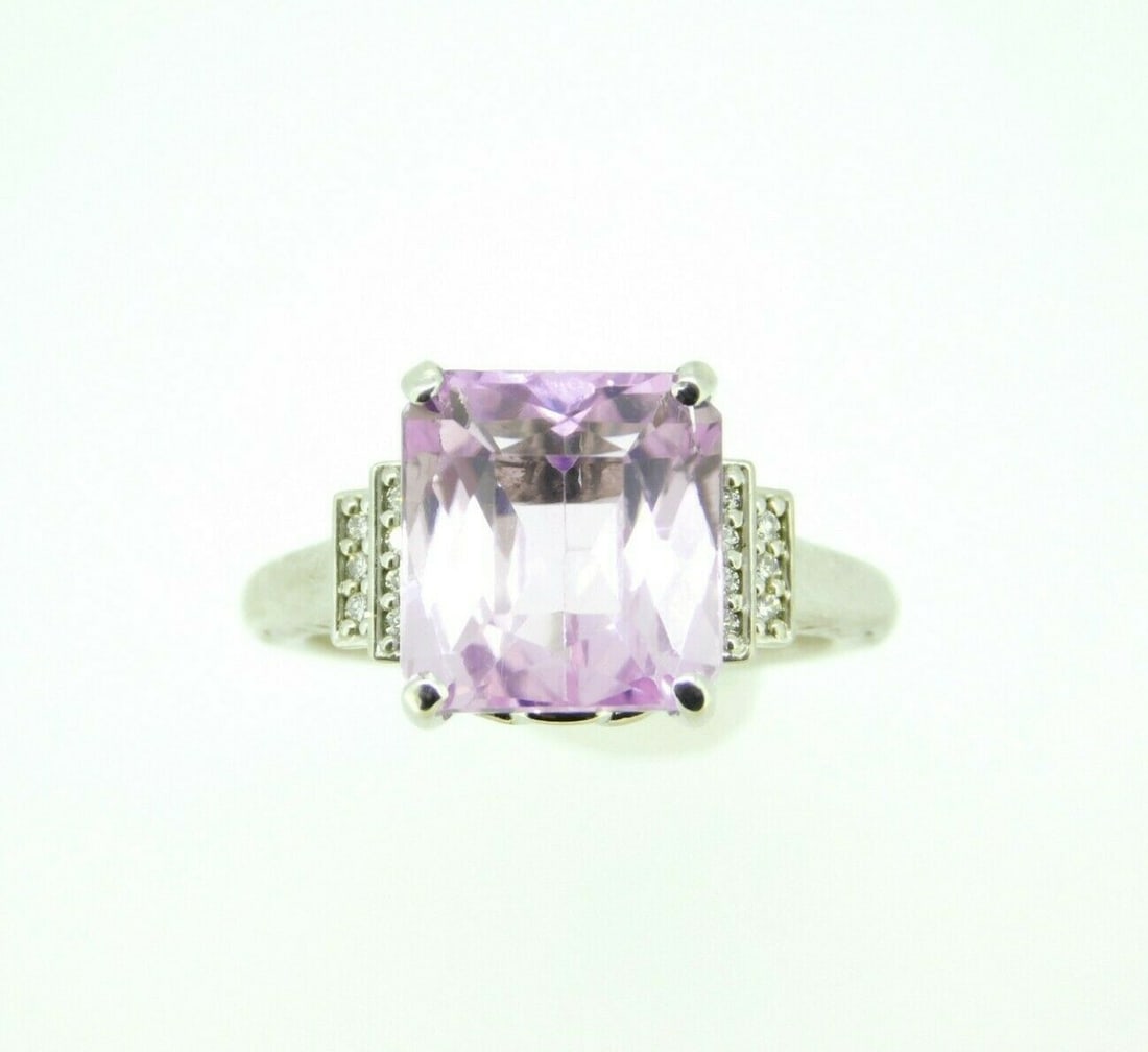 14k White Gold 6.95ct Cushion Cut Kunzite Ring with 14 Diamonds GIA Certified (1 of 9)