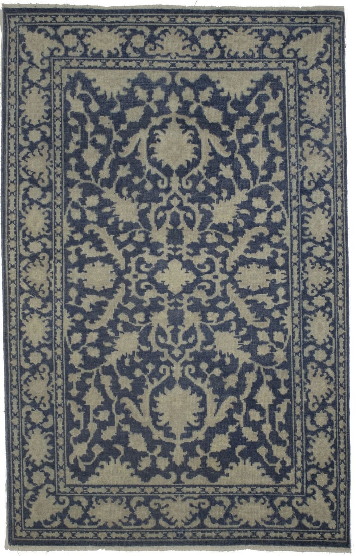 Hand-Knotted Floral Wool Area Rug 5'0 x 8'0 Slate Blue Beige (1 of 15)