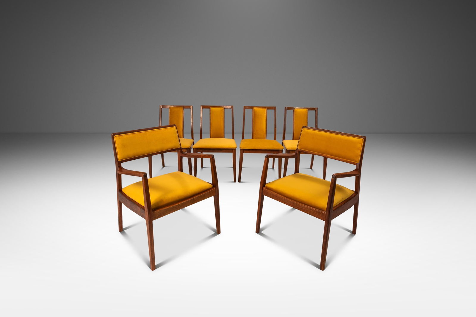 Restored Set of Six Jens Risom Model C140 Playboy Chairs in Canary Yellow Velvet: Restored Set of Six Jens Risom Model C140 Playboy Chairs in Canary Yellow Velvet Introducing a stunning set of six Mid-Century Modern Model C140 "Playboy" chairs, designed by the renowned Jens Risom,