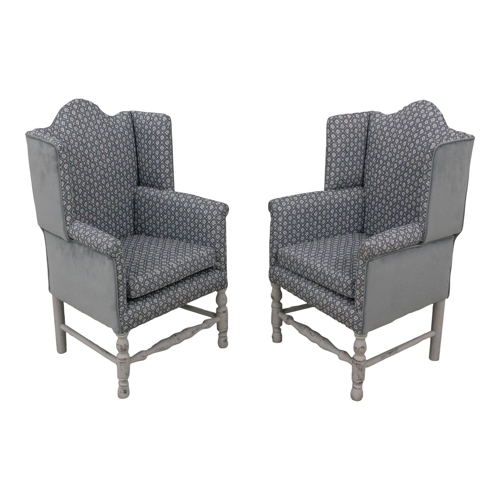 Youth Size Newly Upholstered Primitive Wing Chairs in Blue: Youth Size Newly Upholstered Primitive Wing Chairs in Blue This pair of youth-sized primitive wing chairs combines quality craftsmanship with a fresh look. Professionally upholstered with a charming '
