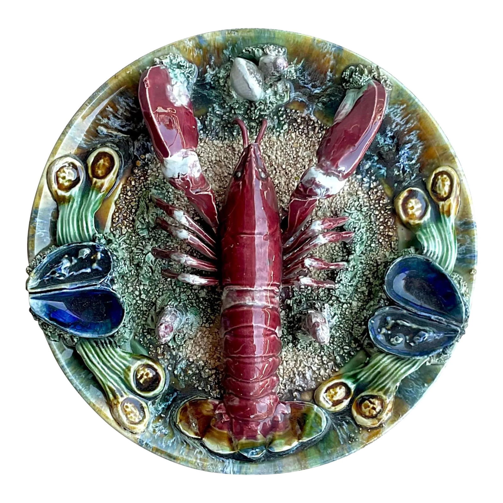 Vintage Majolica Lobster Plate Coastal Decor 12.75" Navy Blue Ceramic (1 of 9)