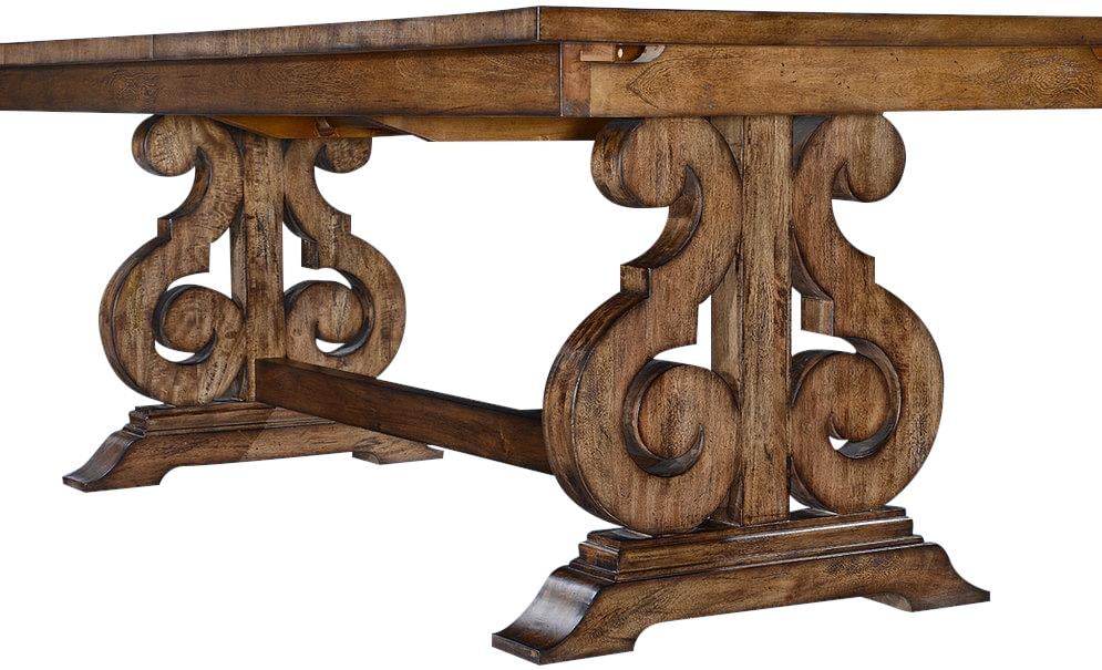 Extendable Cambridge Table Rustic Pecan Scroll Base 84-Inch: Extendable Cambridge Table Rustic Pecan Scroll Base 84-Inch Introducing the Extendable Cambridge Table, featuring a stunning Rustic Pecan finish and a unique scroll base design. This table showcases a