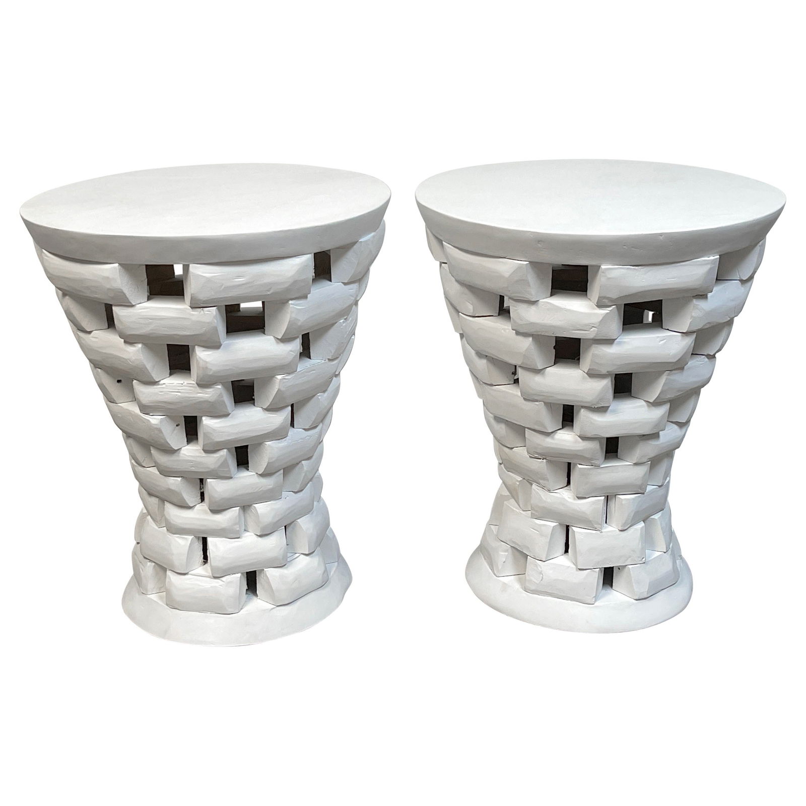 Modern Pair of White Hand-Carved Teak Pedestal Tables Set of 2 (1 of 8)
