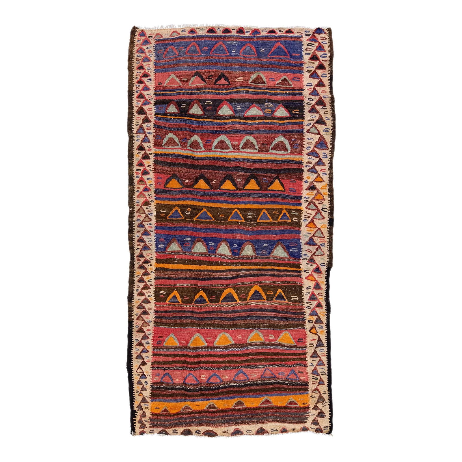 Vintage Turkish Kilim Handmade Wool Rug Multicolor Geometric Design 4'11 x 9'1: Vintage Turkish Kilim Handmade Wool Rug Multicolor Geometric Design 4'11 x 9'1 This stunning vintage Turkish Kilim rug showcases exquisite hand-knotting in rich wool. The design features a brown field