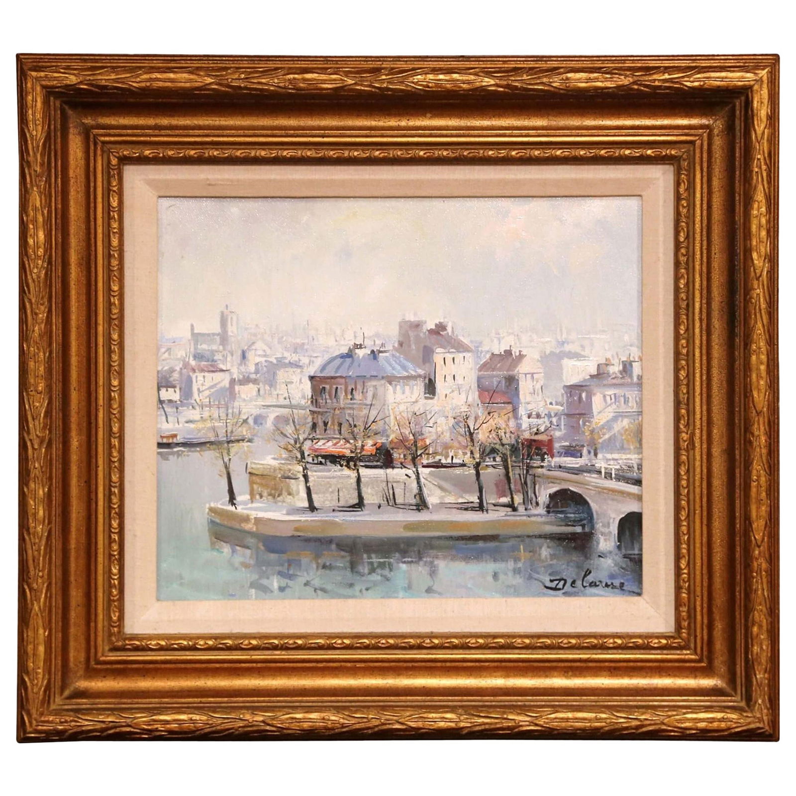 Lucien Delarue Mid-Century Oil Painting L'Ile Saint-Louis Paris: Lucien Delarue Mid-Century Oil Painting L'Ile Saint-Louis Paris Enhance your space with this exquisite mid-century oil painting titled "L'Ile Saint-Louis, Paris" by renowned French artist Lucien