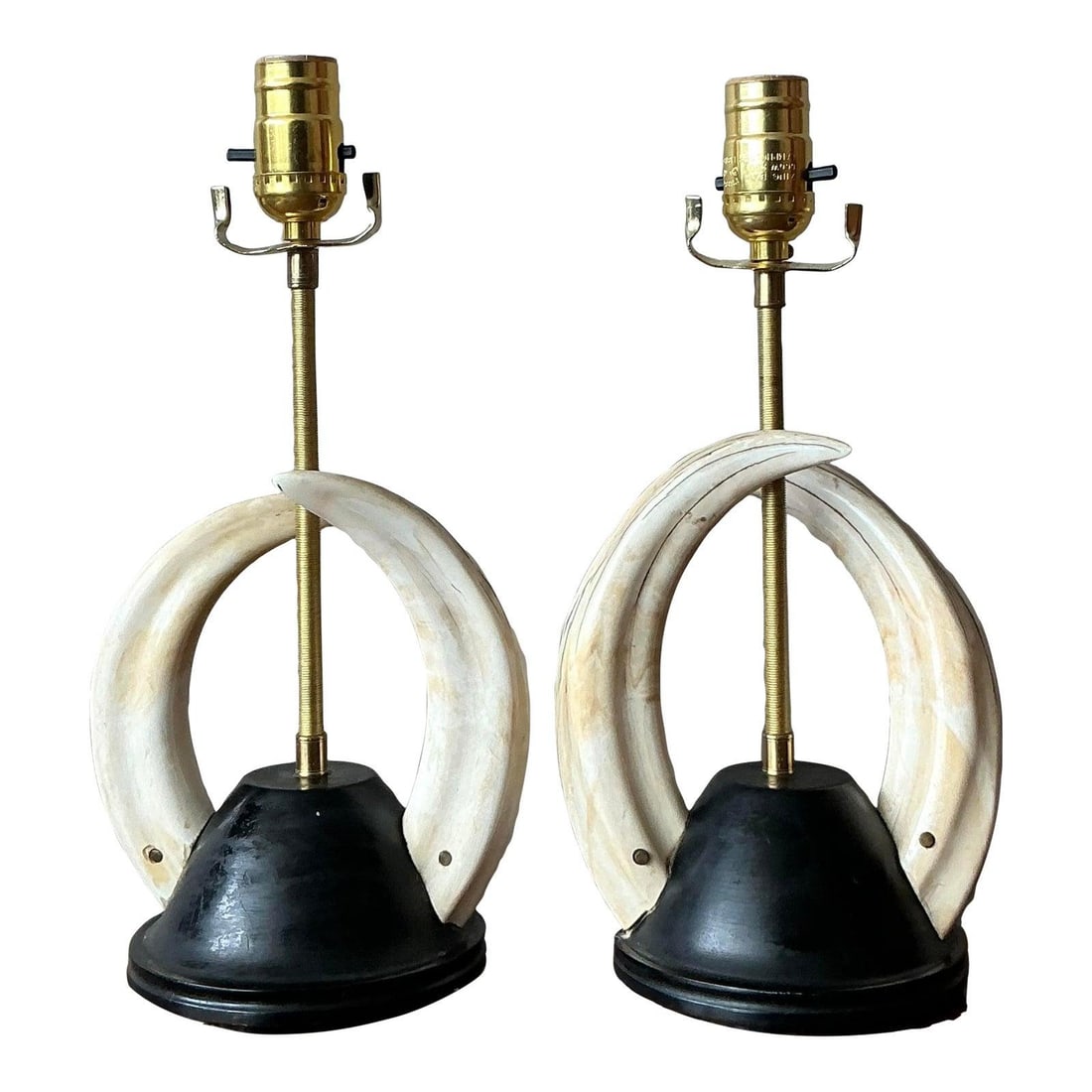 Pair of Vintage Boho Chic Faux Tusk Table Lamps with Brass and Black Bases (1 of 6)